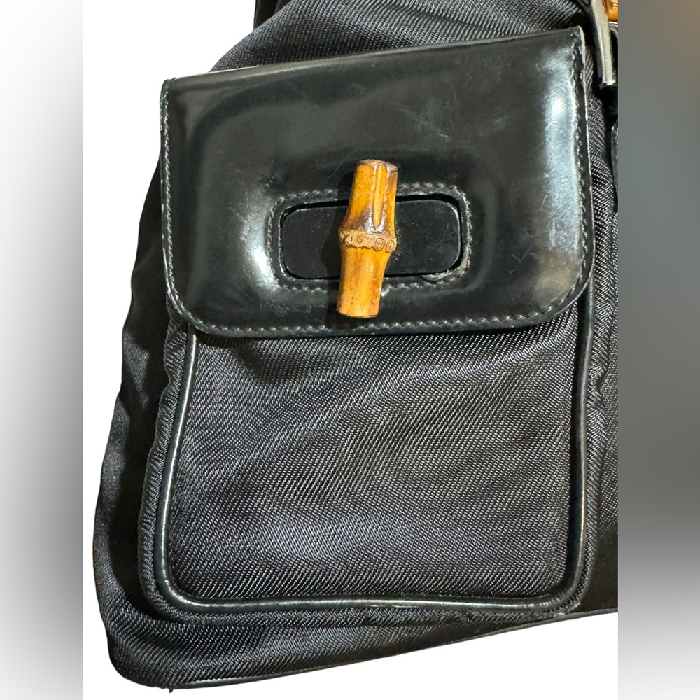 GUCCI Vintage Bamboo Patent Leather/Canvas Backpack Black with Dust Bag - Picture 8 of 16